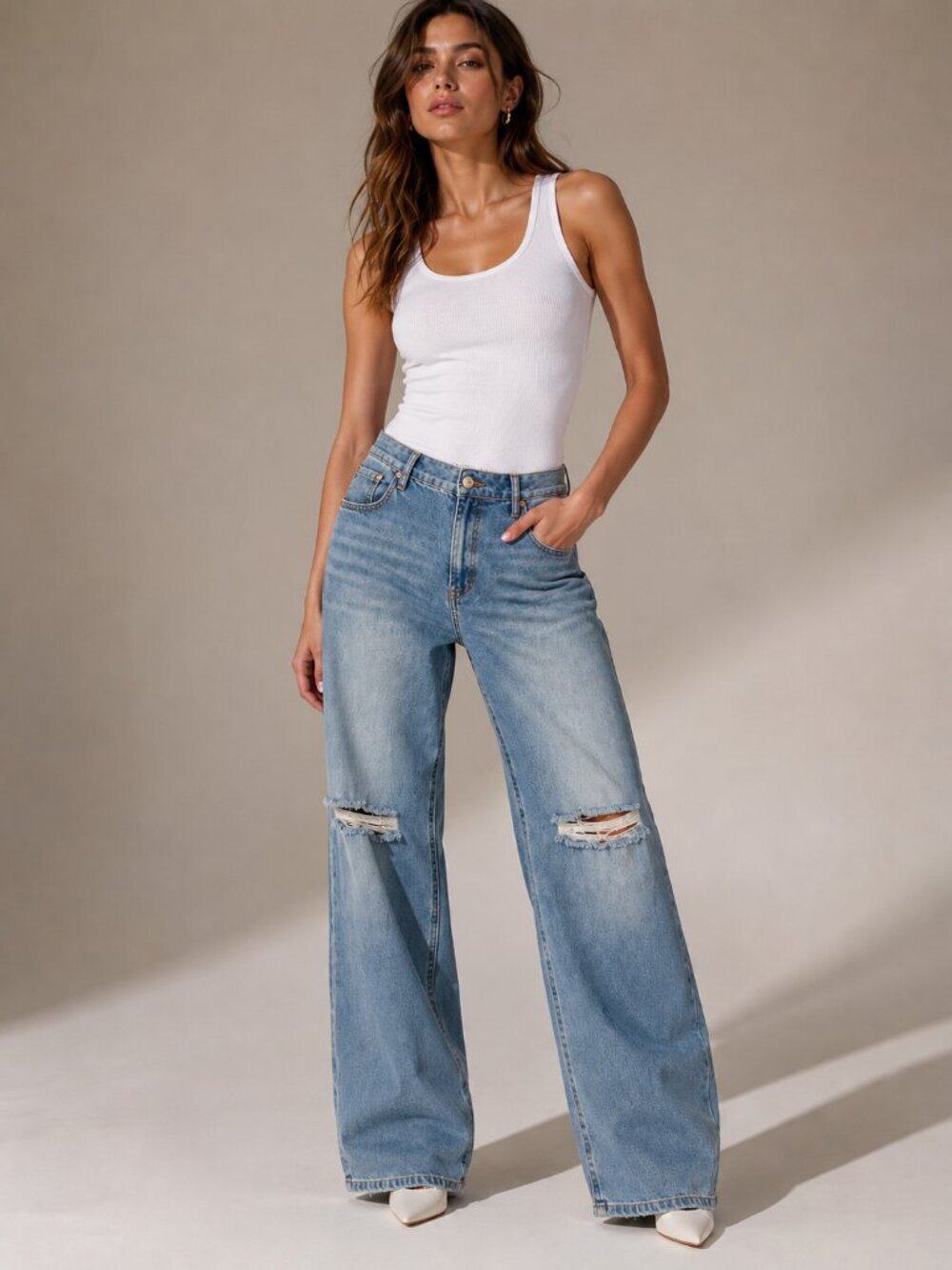 Vanilla Star Wide Leg Jeans Size 13 W31 Light Wash Distressed Knees